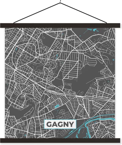 Posterhanger incl. Poster 60x60 cm - Schoolplaat - Stadskaart - Kaart - Plattegrond - Gagny - Frankrijk - Textielposter - Zwarte latten - Stadskaart