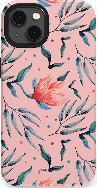 Casetastic hoesje geschikt voor Apple iPhone 13 - MagSafe - Dubbellaagse bescherming - Roze Bloemen en Takken - Fashion Case - Lichtroze Zilver Perzik