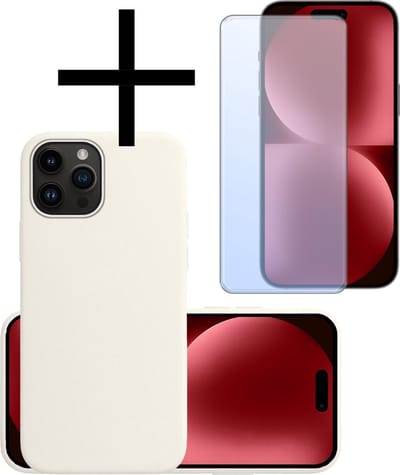 Hoesje - Met Screenprotector - Geschikt voor Apple iPhone 15 Pro - Sterk & Shockproof - Back Cover - Siliconen Case - Telefoon Hoes - Wit