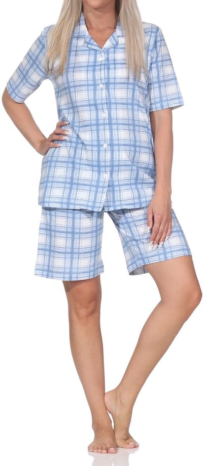 Normann dames pyjama shorty met korte mouwen en doorknoop in ruitlook - ook in grote maten
