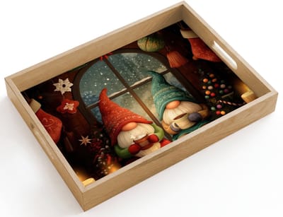 Dienblad hout 40x30 cm - Schootdienblad - Gnooms - Kerst - Raam - Kleurrijk - Borrelplank rechthoek - Plateau dienbladen