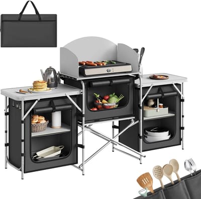 ITRONIQ Campingkeuken Opvouwbaar - Campingkast met Opbergruimte - 174x48x112 CM - Aluminium - Inklapbare Camping Tafel - Zwart