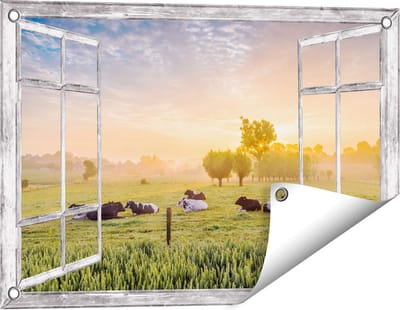 Gards Tuinposter Doorkijk Koeien in de Wei tijdens Zonsopgang - 60x40 cm - Tuindoek - Tuindecoratie - Wanddecoratie buiten - Tuinschilderij