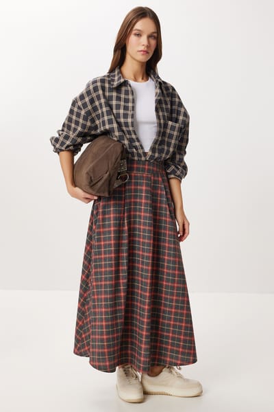 Geruite Hoge Taille Plissé Midi Rok