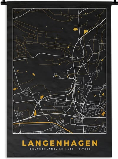 Wandkleed - Wanddoek - Black and Gold – Stadskaart – Langenhagen – Duitsland – Plattegrond – Kaart - 120x180 cm - Wandtapijt