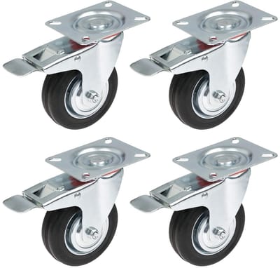 Zware Duty Rubber Wielen met Rem, Set van 4, 100 mm, Tot 280 kg, Zwart, Geschikt voor Vrachtwagens en Tuinmachines