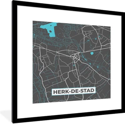 Fotolijst incl. Poster - Kaart – Plattegrond – Stadskaart – Herk de Stad – België - Grijs - 40x40 cm - Posterlijst
