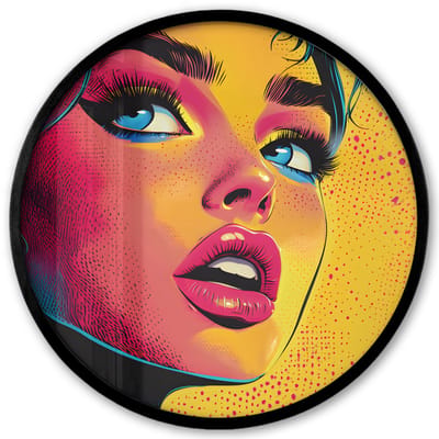 Poster in lijst Rond - Fotolijst 40x40 cm - Posters - Close-up - Vrouwengezicht - Stippen - Geel - Ronde posterlijst zwart - Decoratie - Wanddecoratie woonkamer - Muurdecoratie slaapkamer