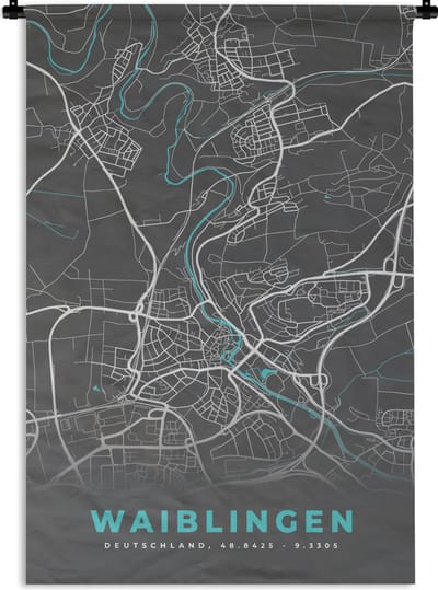 Wandkleed - Wanddoek - Duitsland – Blauw – Waiblingen – Stadskaart – Kaart – Plattegrond - 120x180 cm - Wandtapijt