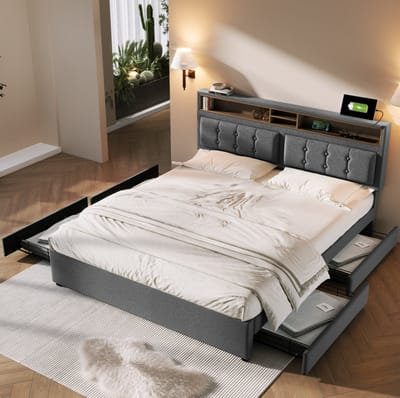 MEUNIQ gestoffeerd bedframe 140x200 cm met 4 lades, verstelbaar hoofdeinde, USB-C en stopcontacten, houten lattenbodem, tweepersoons bed voor slaapkamer, grijs