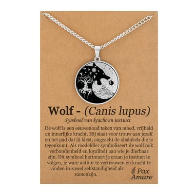 Wolf Kop Ketting op Cadeau Kaartje - Zilverkleurig - Spirituele Talisman - Roestvrij Staal / Stainless Steel - Natuur & Balans - 60cm - Pax Amare