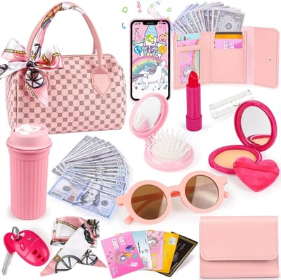 Speelgoedtasje voor kleine meisjes, peutertasje met nep-make-up, prinsessen speelgoed inclusief handtas, telefoon, horloge en zijden sjaal. Speelgoedtasje, ideaal als verjaardagscadeau voor meisjes van 3, 4, 5 en 6 jaar.