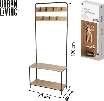 "COLORADO" Kapstok met 2 legplanken en 7 haken – 70x30xH170 cm