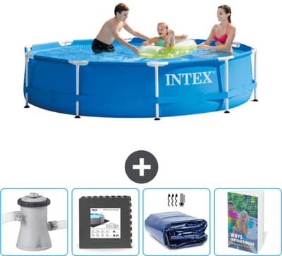 Intex Rond Frame Zwembad - 305 x 76 cm - Blauw - Inclusief Zwembadfilterpomp - Vloertegels - Solarzeil - Zwembadgids