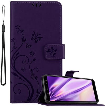 Cadorabo Hoesje geschikt voor Samsung Galaxy A6 2018 in BLOEMEN DONKER PAARS - Beschermhoes in bloemmotief met magnetische sluiting, standfunctie en kaartsleuven Book Case Cover Etui