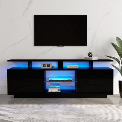 Sweiko TV kast - LED verlichting - Hoogglans - Glazen planken - Zwart