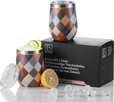 Brisby RVS 2 Stuks Dubbelwandige Design Thermosbeker, Partybeker Set met Deksels – Blok