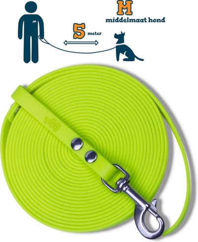 Miqdi lange lijn - BioThane® - neon geel - 5 meter lang – 13mm breed – M – middelmaat hond – lange hondenriem
