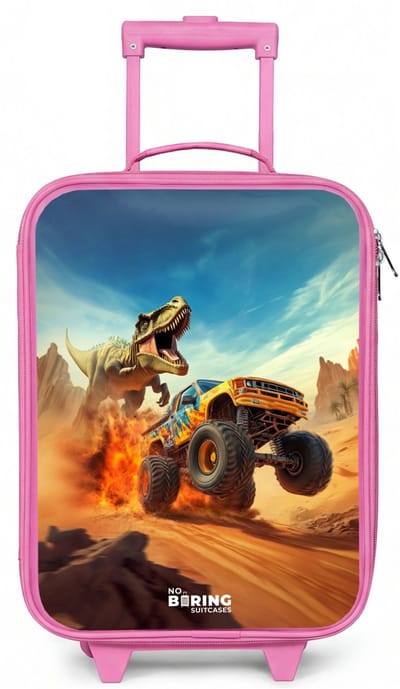 NoBoringSuitcases.com® - Kinderkoffer roze - Kindertrolley meisje - Vluchtende truck voor T-Rex in vurige woestijn - Koffer kind lichtgewicht - Reiskoffer trolley voor kinderen - Koffertje met lichtgevende wieltjes - Rolkoffer