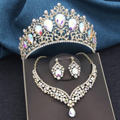 Baroque 3pcs/set Couronne de Mariage de Mariée Princesse Reine Cristal Goutte d'Eau Grandes Tiares et Collier Boucles d'Oreilles Ensembles de Bijoux de Costume gray