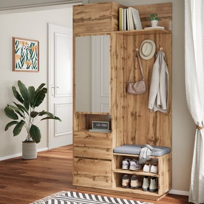 HAUSS SPOLE Garderobe - Compact Halmeubel Met Spiegel En Zitbank - Met Laden, Schoenenrek En Haken - Multifunctioneel Voor Entree - MDF - 90x34.5x190 cm - Naturel