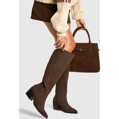 boohoo Dames Wide Fit Nubuck Western Cowboy Boots | Chocoladebruin | Maat: 37