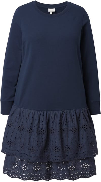 Ulla Popken - Dames - Sweatjurk kant ronde hals lange mouw biologische katoen - Marine - Maat 50+