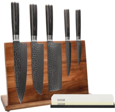 Shinrai Knives - Hammered Damast BR 5-delige Messenset + Messenblok + Slijpsteen