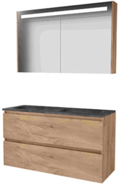 Basic-Line Premium 46 Badkamermeubelset - 120 x 46 cm - Greeploos - 2 Lades - Hardstenen Wastafel - Zonder Kraangat - Spiegelkast met LED Verlichting - Whisky Oak