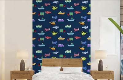 Behang - Fotobehang Patronen - Vliegtuig - Boot - Vrachtwagen - Jongetje - Jongens - Kinderen - Kids - Breedte 140 cm x hoogte 220 cm