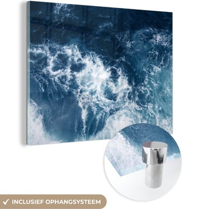 MuchoWow® Glasschilderij 120x90 cm - Schilderij acrylglas - Water - Golf - Blauw - Foto op glas - Schilderijen
