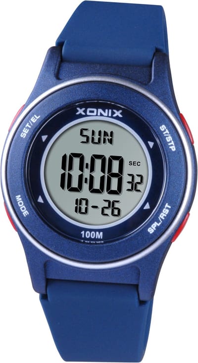 Xonix BBH-006 - Horloge - Digitaal - Kinderen - Jongen - Rond - Siliconen band - ABS - Cijfers - Achtergrondverlichting - Alarm - Start-Stop - Chronograaf - Tweede tijdzone - 12/24 - Waterdicht - DonkerBlauw - Grijs - Rood - 10 ATM
