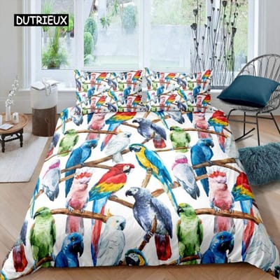 Papegaai Dekbedovertrek Set Zwart Wit Streep Beddengoed Set Groene Plant Palmbladeren Dekbedovertrek Vogel Dier Polyester Dekbedovertrek 140x200cm 3pcs