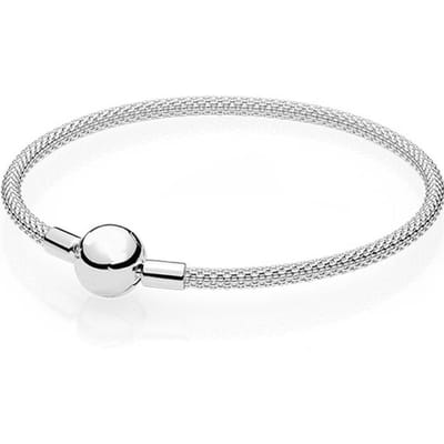 Roze Goud Zilver Gladde Bal Sluiting Mesh Slang Ketting 925 Sterling Zilveren Armband Bangle Fit Mode Kraal Charm Diy Sieraden 19CM white