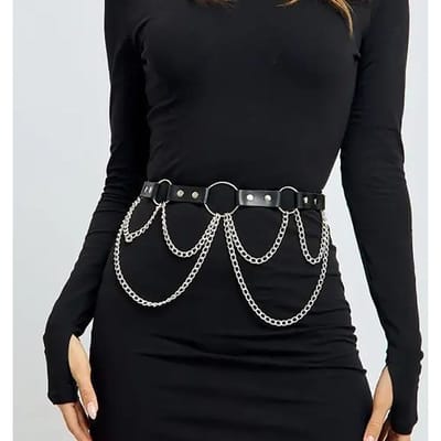 Dames Trend Punk Riem Met Ketting Taille Riem Decoratie Vrouwelijke Street Style Brede Tailleband Lederen Riem Goth Kleding Accessoire Adjustable black