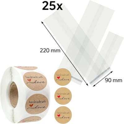 25x Uitdeelzakjes met Handmade with Love stickers | 220 x 90 mm | Traktatiezakjes | Kinderfeestje | Cellofaanzakjes | Cadeauzakjes | Snoepzakjes | Plastic Zakjes | Uitdeelzakjes kinderen | Cadeauzakjes Kinderen | Verpakkingszakjes Uitdeelcadeaus