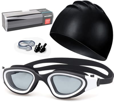 Erwachsene Schwimmbrille Set - Silikon Nasenclip & Ohrstöpsel, Hochauflösendes Anti-Beschlag-System, Weitwinkel-180° Sichtfeld, Komfortable Passform für Damen & Herren