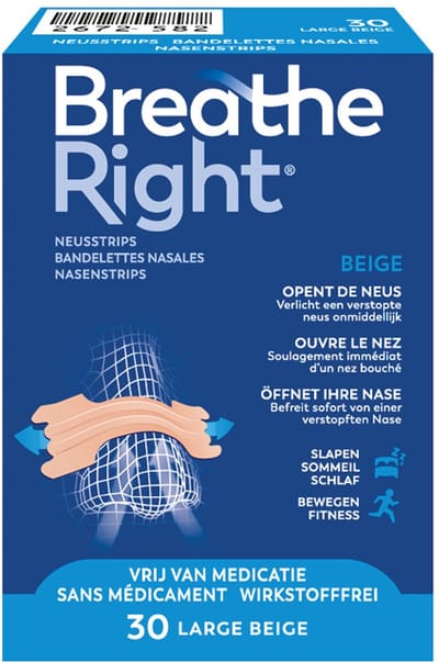 Breathe Right Neusstrips tegen Snurken & Beter Ademen – Normale Huid – Large Beige – 30 stuks – Direct Vrijer Ademen bij Verkoudheid, Allergie & Dagelijks Gebruik