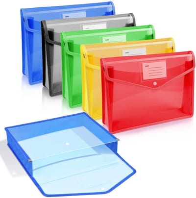 QTTVBTNA -5 Stuks A4 Uitschuifbare Documentenmappen – Waterdichte Plastic Opbergmappen met Drukknop en Meerdere Vakken – Kleurrijke Mapset voor School, Thuis en Kantoor