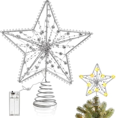 Kerstboompiek, 25 cm, ster met 10 leds, ster voor kerstboom, lichtgevende piek, kerstboompiek, voor kerstboom, feest, thuis (A)