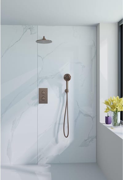 FugaFlow Eccelente Acces Inbouw Regendoucheset - thermostatisch - wandarm - 25cm hoofddouche - ronde handdouche - gladde doucheslang - Geborsteld koper PVD (Koper)