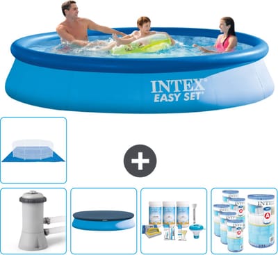 Intex Rond Opblaasbaar Easy Set Zwembad - 366 x 76 cm - Blauw - Inclusief Pomp Afdekzeil - Onderhoudspakket - Filters - Grondzeil
