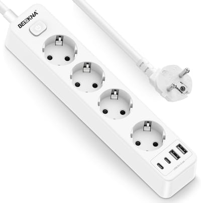 Wandstekkerdoos met 4 Stopcontacten en 2 USB-C Poorten, Overspanningsbeveiliging