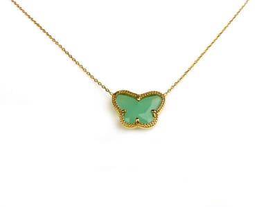 korte zilveren halsketting halssnoer collier geelgoud verguld Model Vlinder met munt groene steen