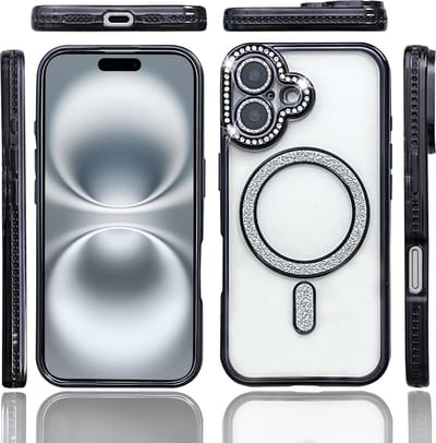 Hoesje Geschikt voor iPhone 16 Plus Magsafe hoes Lens beschermer Zwart – Luxe bling sprankelende diamant backcover