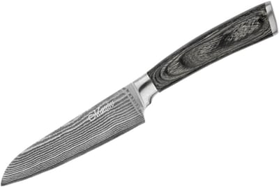 Maestro Japans Santokumes - 5” (13 cm) - Hoogwaardig Damaststaal - Ergonomisch Houten Handvat - Inclusief Luxe Cadeauverpakking - Zilver/Bruin