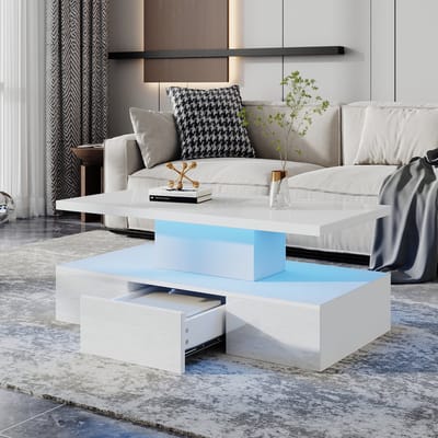 Twee-laagse salontafel met LED-verlichting - woonkamer tafel - met open rek en lade - rechthoekige salontafel - wit