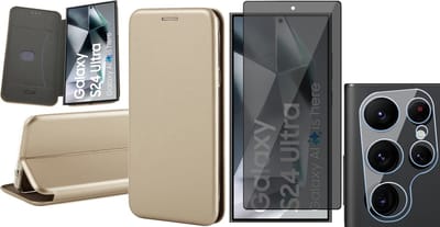 Hoesje geschikt voor Samsung Galaxy S24 Ultra - Privacy Screenprotector Volledig Dekkend Glas & Camera - Wallet Book Case Goud