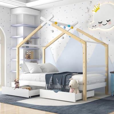 MODENUIT Kinderbed 90x200 cm – Huisbed met dakframe – 2 opberglades – Zonder matras – Massief grenen en MDF – Wit