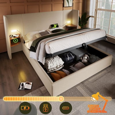 SINGULARITY-Gestoffeerd tweepersoonsbed 180x200 met nachtkastje- leeslamp en USB Type-C- bedkast met opbergruimte- beige- linnen- zonder matras